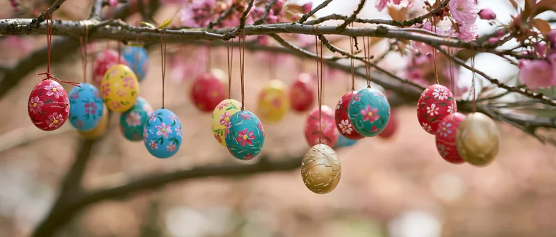 Painted easter eggs hanging from blossoming tree branches in spring garden