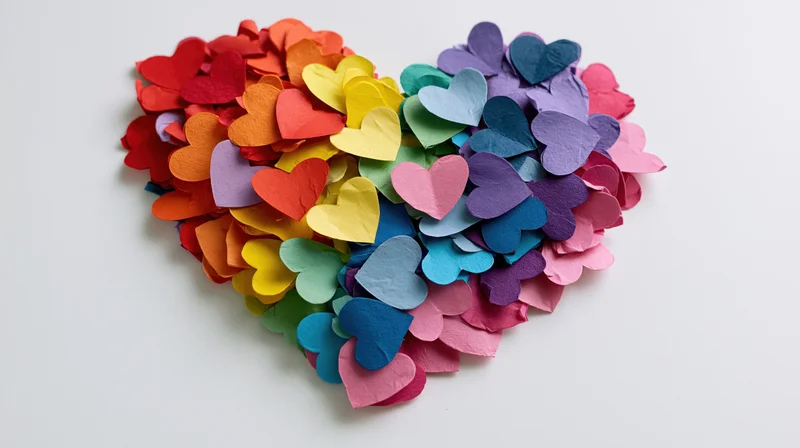 Colorful paper hearts arranged in a heart shape on white background