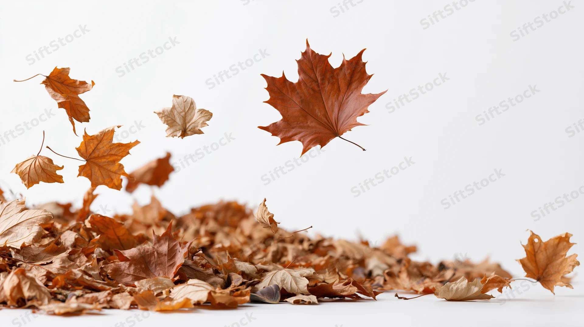 Dried maple leaves falling in midair over a pile on white surface