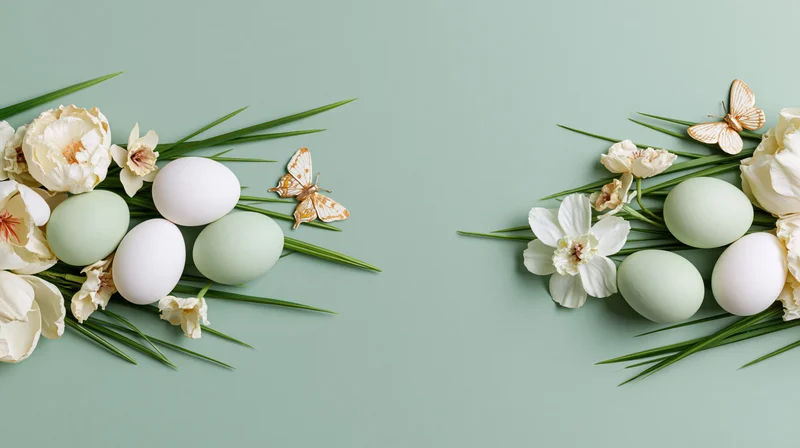 Easter eggs and white flowers with green grass and butterflies arranged along the bottom edge on a mint background