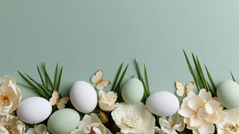 Easter eggs and white flowers arranged along the bottom edge with green grass and butterflies on a mint background
