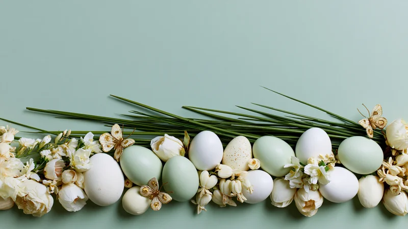 Easter eggs and white flowers arranged with green stems along the bottom edge of a mint background