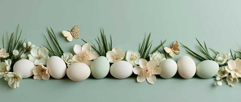 Easter eggs and flowers arranged in a flat lay border along the bottom edge of a mint green surface