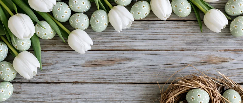 White tulips and painted eggs arranged on a rustic wooden table with a nest in the corner for easter decoration