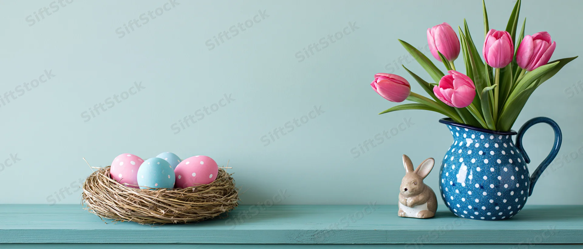 Easter still life with painted wooden surface, decorated eggs in a nest, pink tulips in a blue polka dot vase, and a small bunny figurine