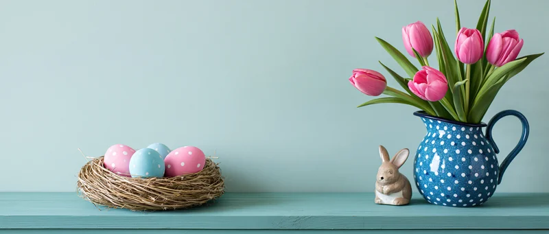 Easter still life with painted wooden surface, decorated eggs in a nest, pink tulips in a blue polka dot vase, and a small bunny figurine