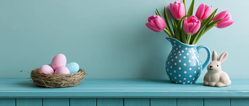 Easter still life with pink tulips in a blue polka dot vase, pastel eggs in a nest, and a ceramic bunny on a turquoise wooden surface