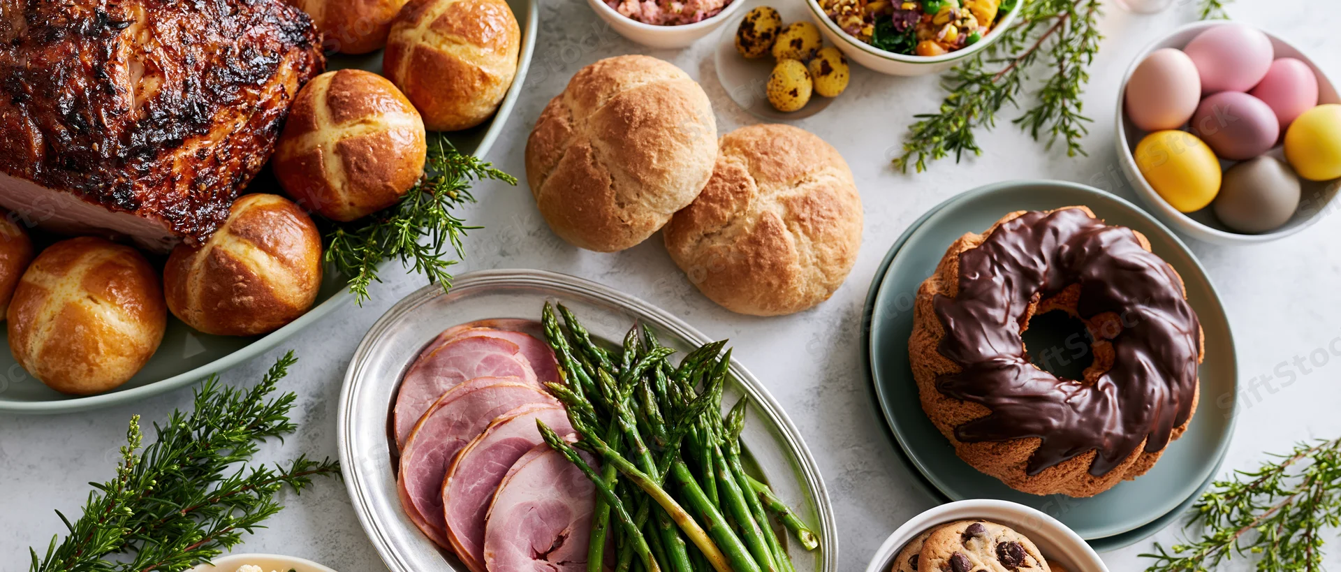 Easter table spread with roasted ham, asparagus, bread rolls, chocolate bundt cake and dyed eggs arranged on white marble countertop