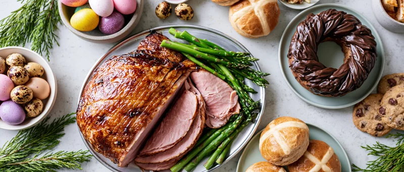 Overhead view of easter table spread with glazed ham, asparagus, chocolate cake, hot cross buns, decorated eggs, and greenery