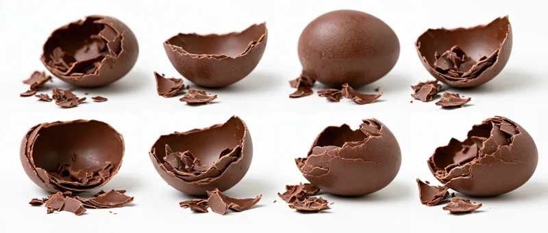Broken hollow chocolate easter egg shells arranged in rows on white background