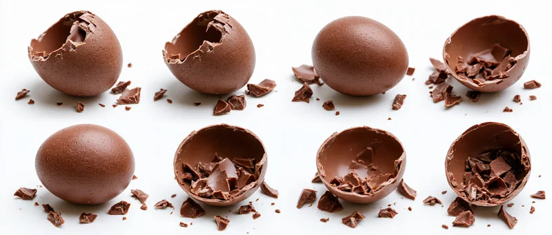 Eight broken hollow chocolate easter egg shells arranged in a grid on white background with scattered fragments