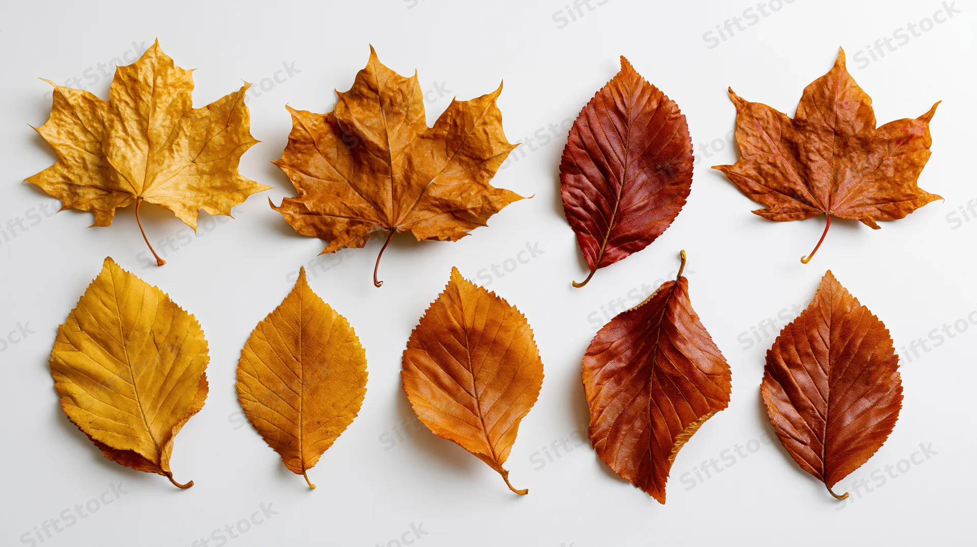 Dried autumn leaves arranged in two rows on a white background