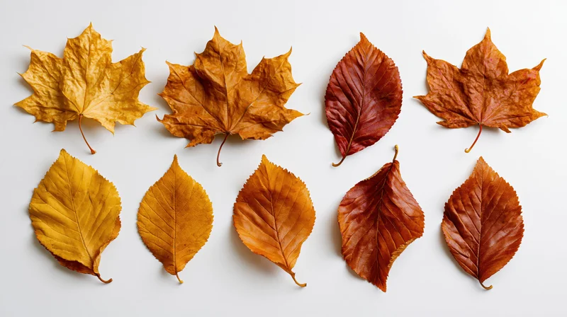 Dried autumn leaves arranged in two rows on a white background