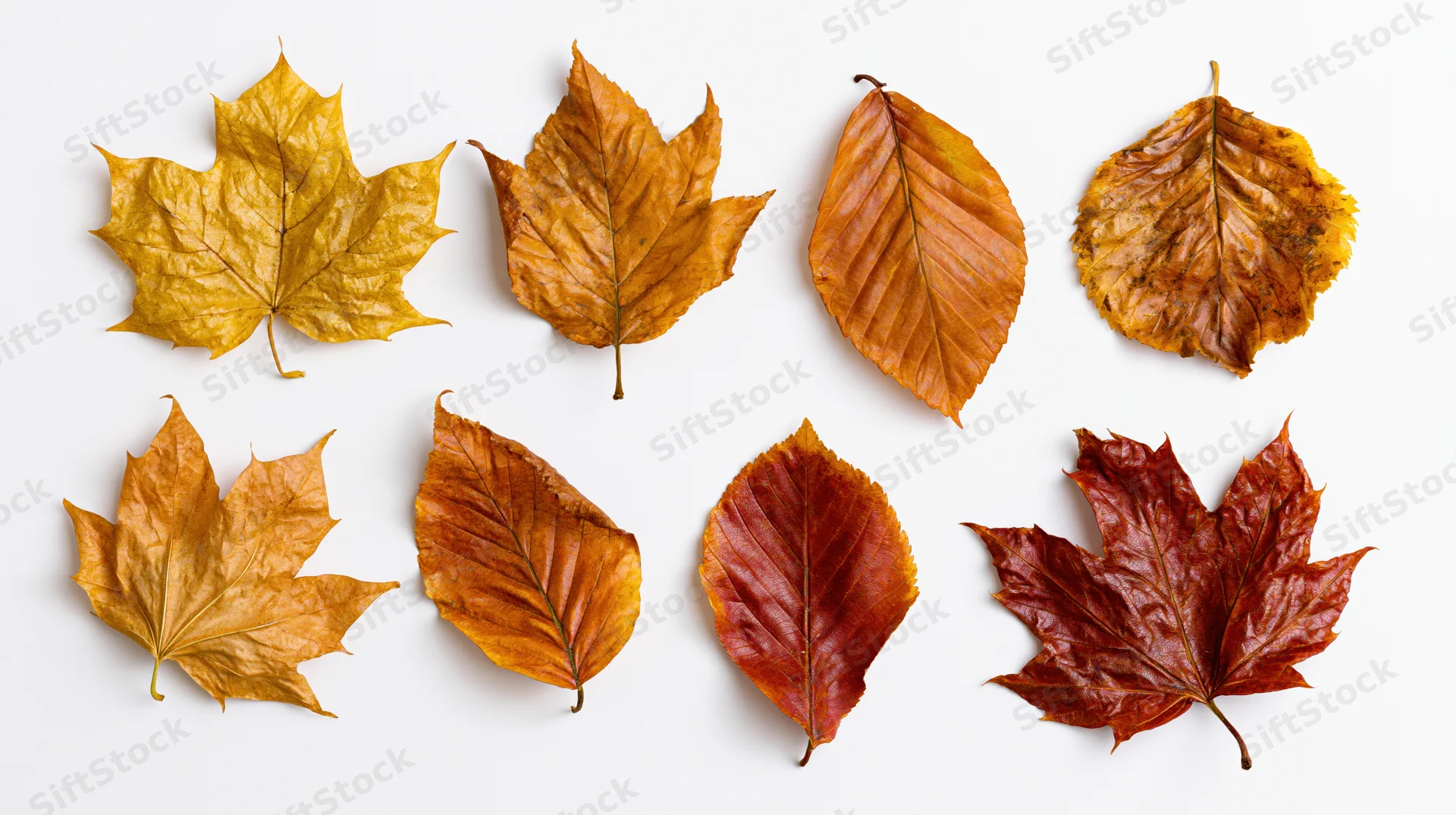 Eight dried autumn leaves arranged in two rows on a white background