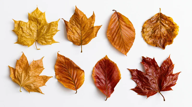 Eight dried autumn leaves arranged in two rows on a white background