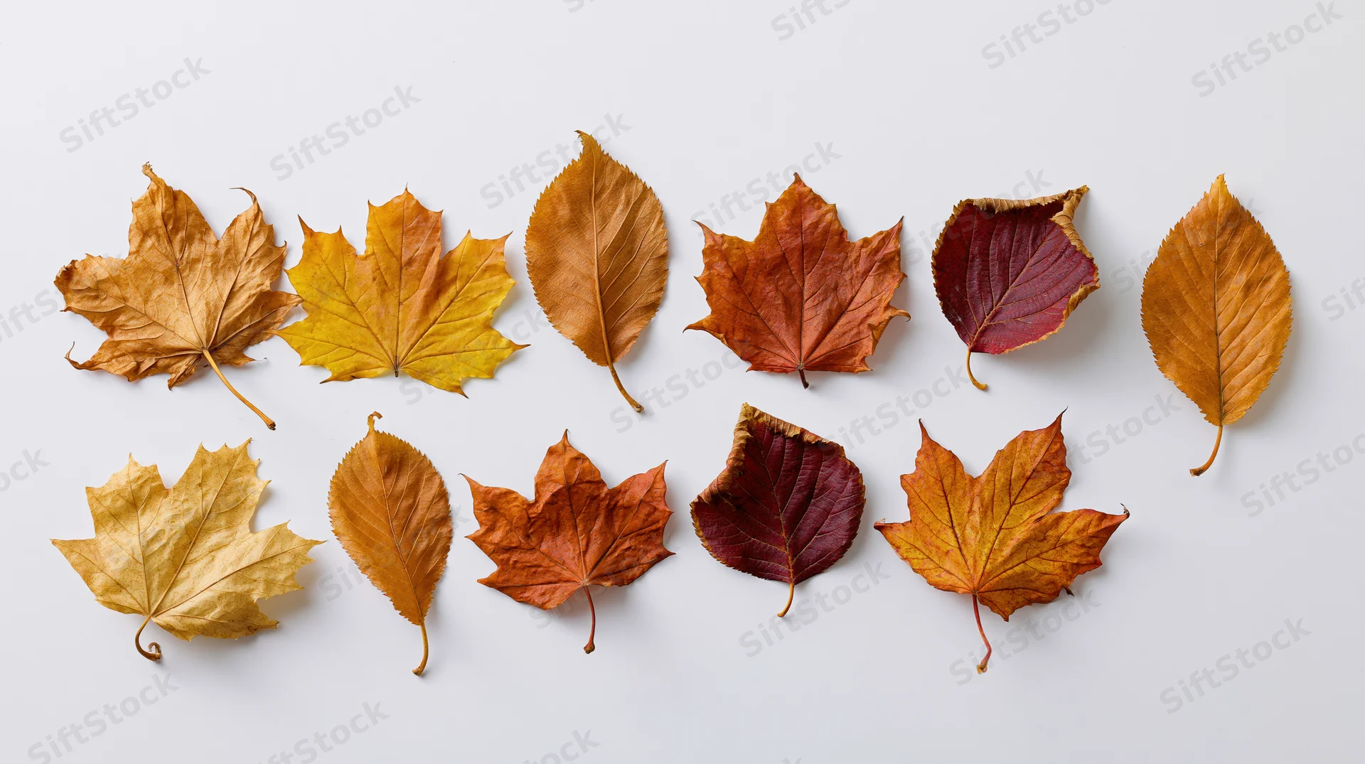 Dried autumn leaves arranged in two rows on a white surface