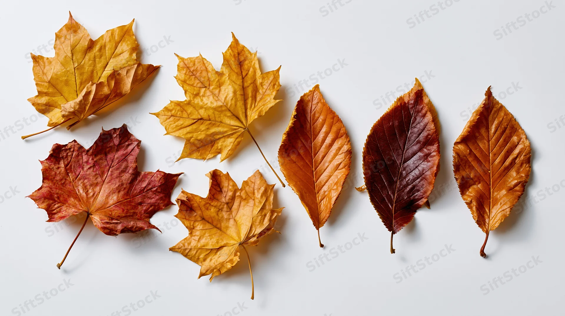 Dried autumn leaves arranged on a white surface in a flat lay composition