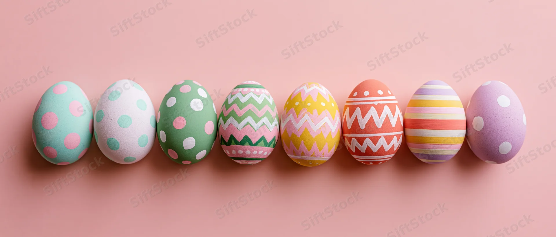 Eight painted easter eggs arranged in a horizontal row on a pink surface