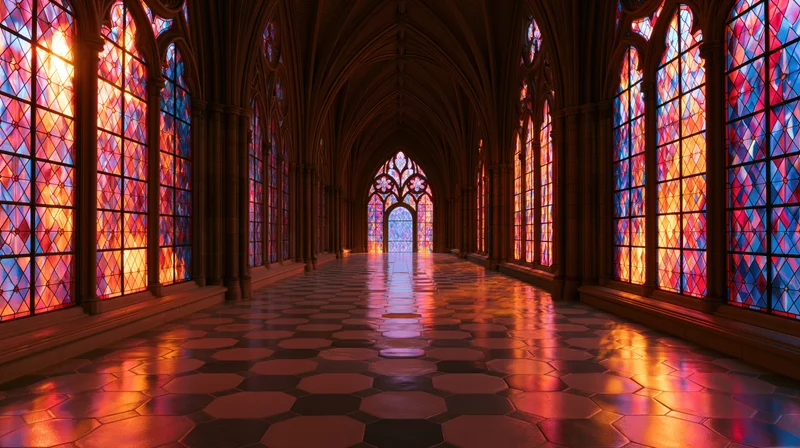 Long cathedral hallway with vaulted gothic arches and stained glass windows lining both sides, reflecting warm light on the octagonal tiled floor