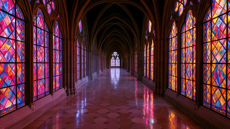 Long cathedral hallway with vaulted gothic arches and stained glass windows lining both sides, reflecting colorful light on the tiled floor