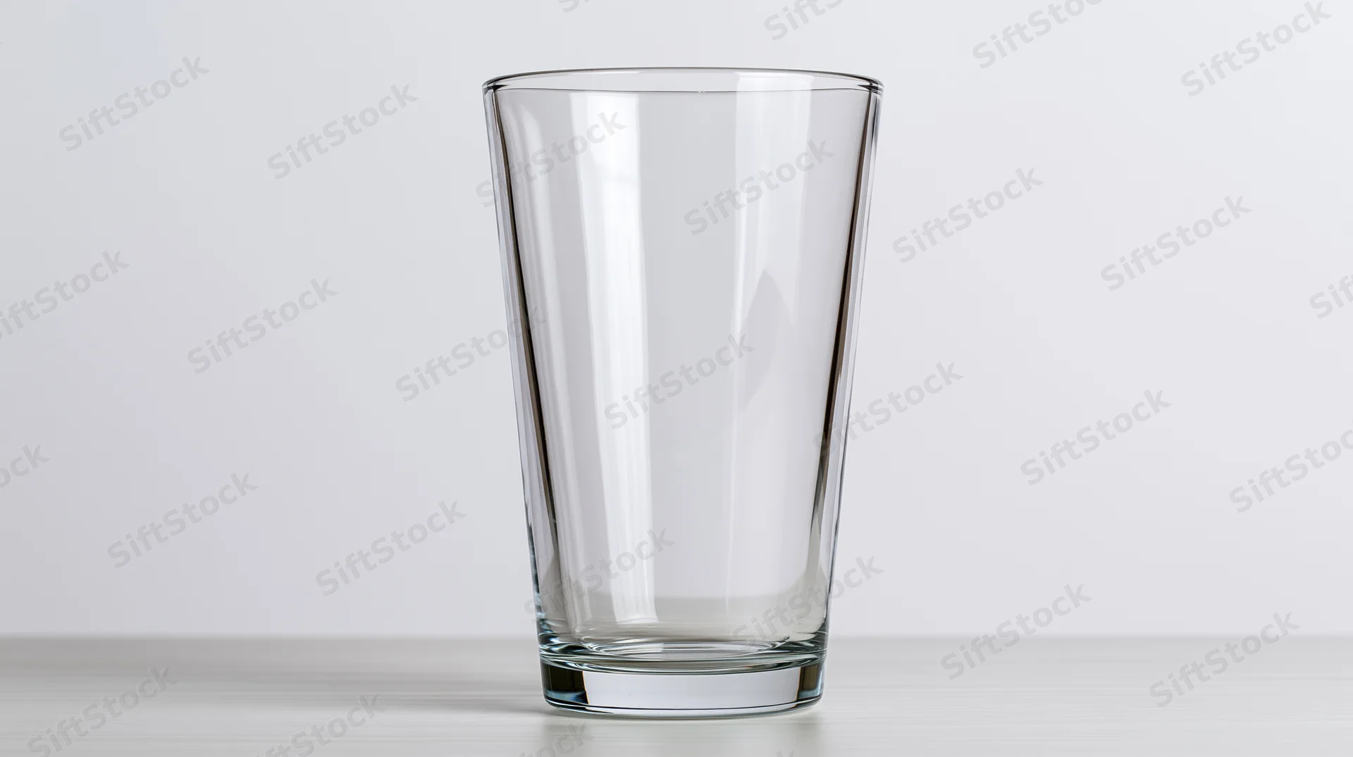 Empty clear pint glass standing upright on a white surface