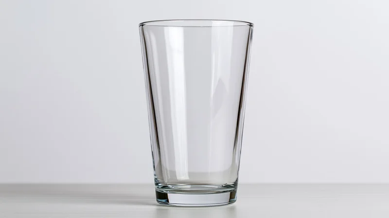 Empty clear pint glass standing upright on a white surface