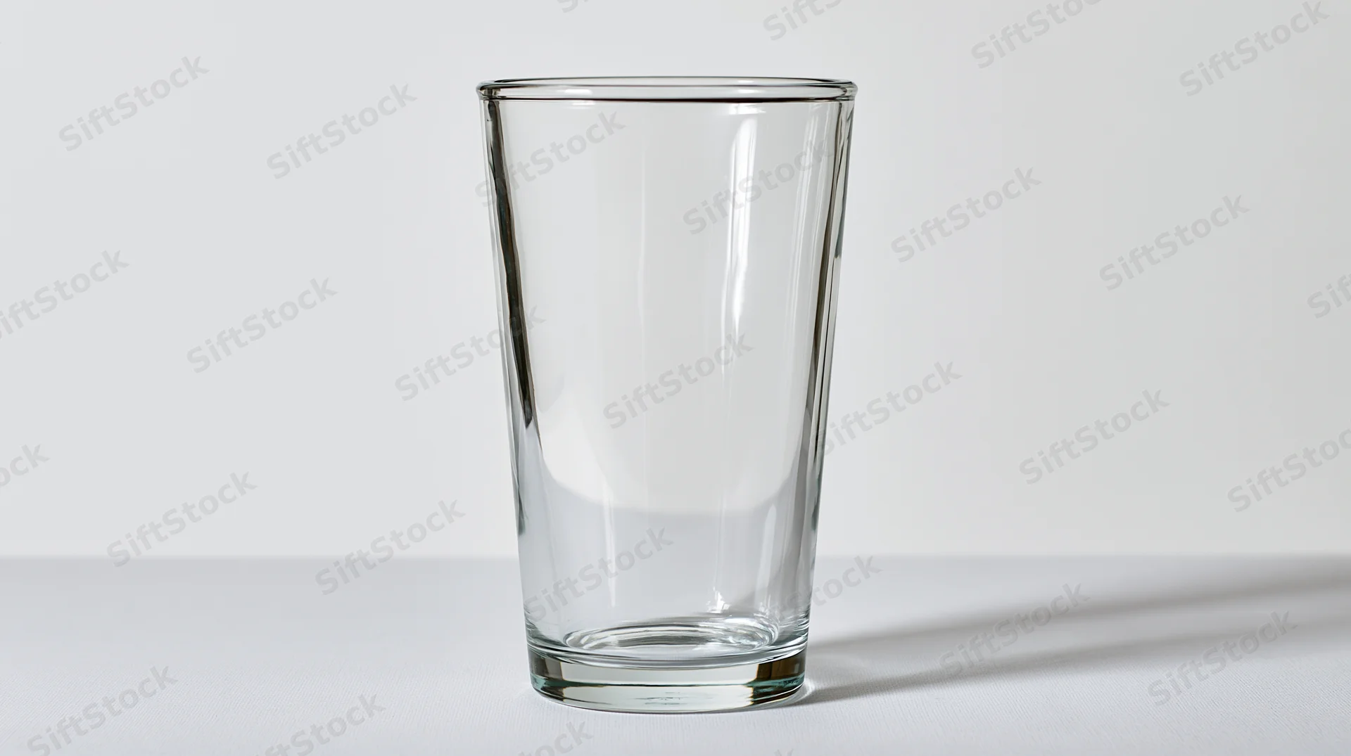 Empty clear pint glass standing upright on a white surface