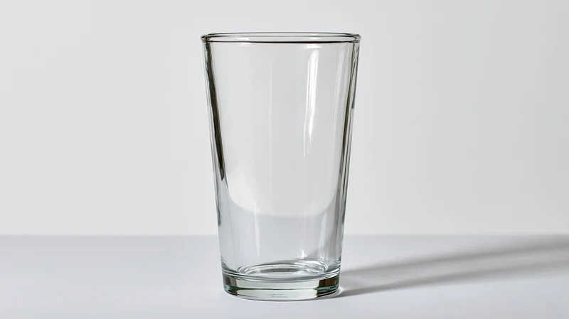 Empty clear pint glass standing upright on a white surface