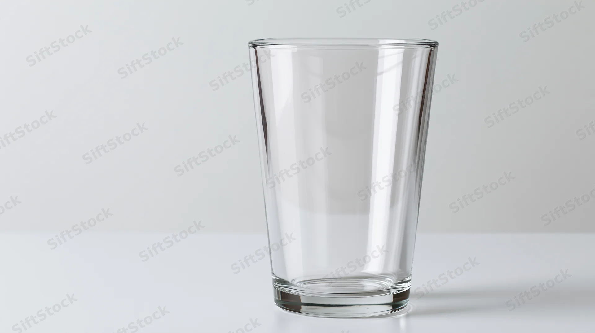 Empty clear pint glass standing upright on a white surface
