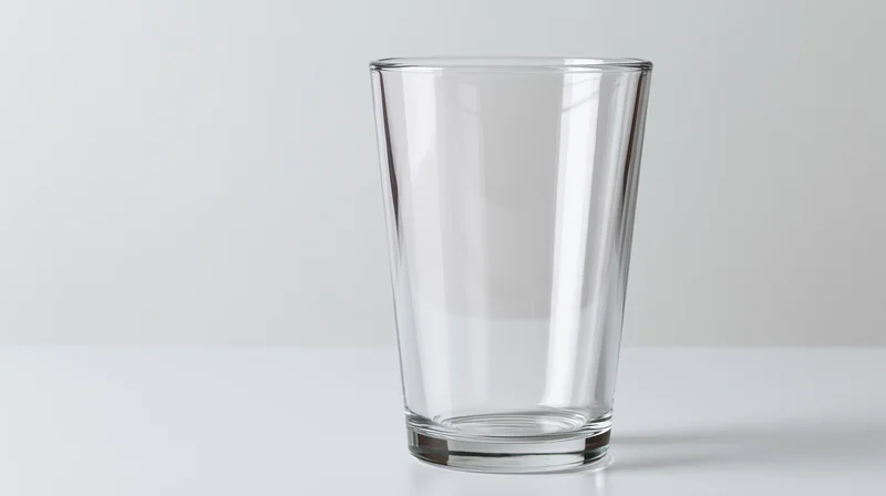 Empty clear pint glass standing upright on a white surface