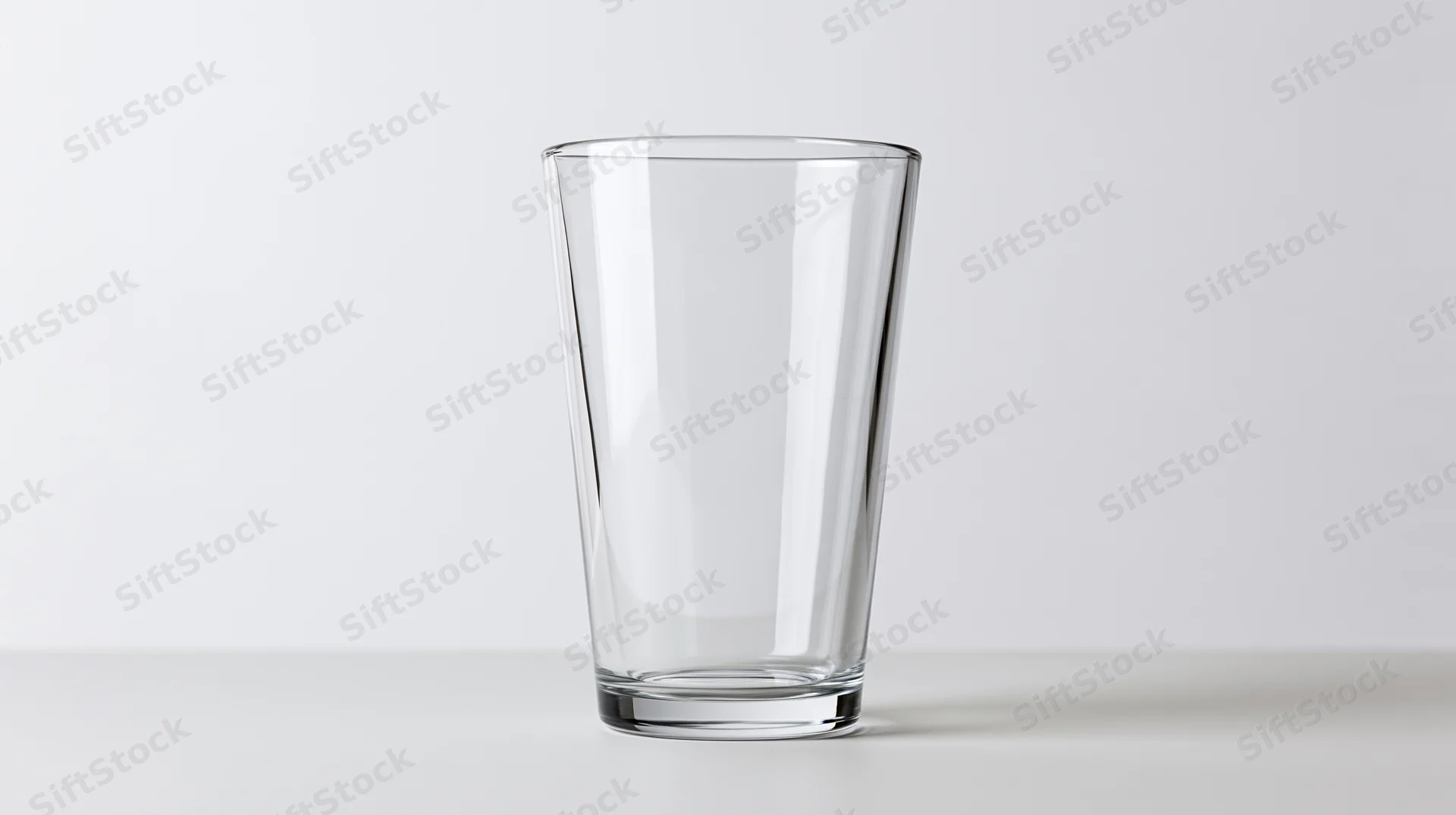 Empty clear pint glass standing upright on a white surface