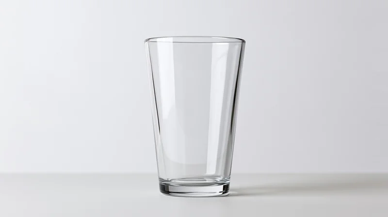 Empty clear pint glass standing upright on a white surface
