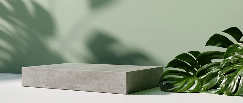 Concrete platform beside monstera leaves on white surface with green shadowed wall