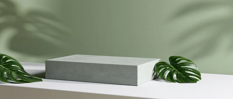 Concrete platform on white surface with monstera leaves and shadows