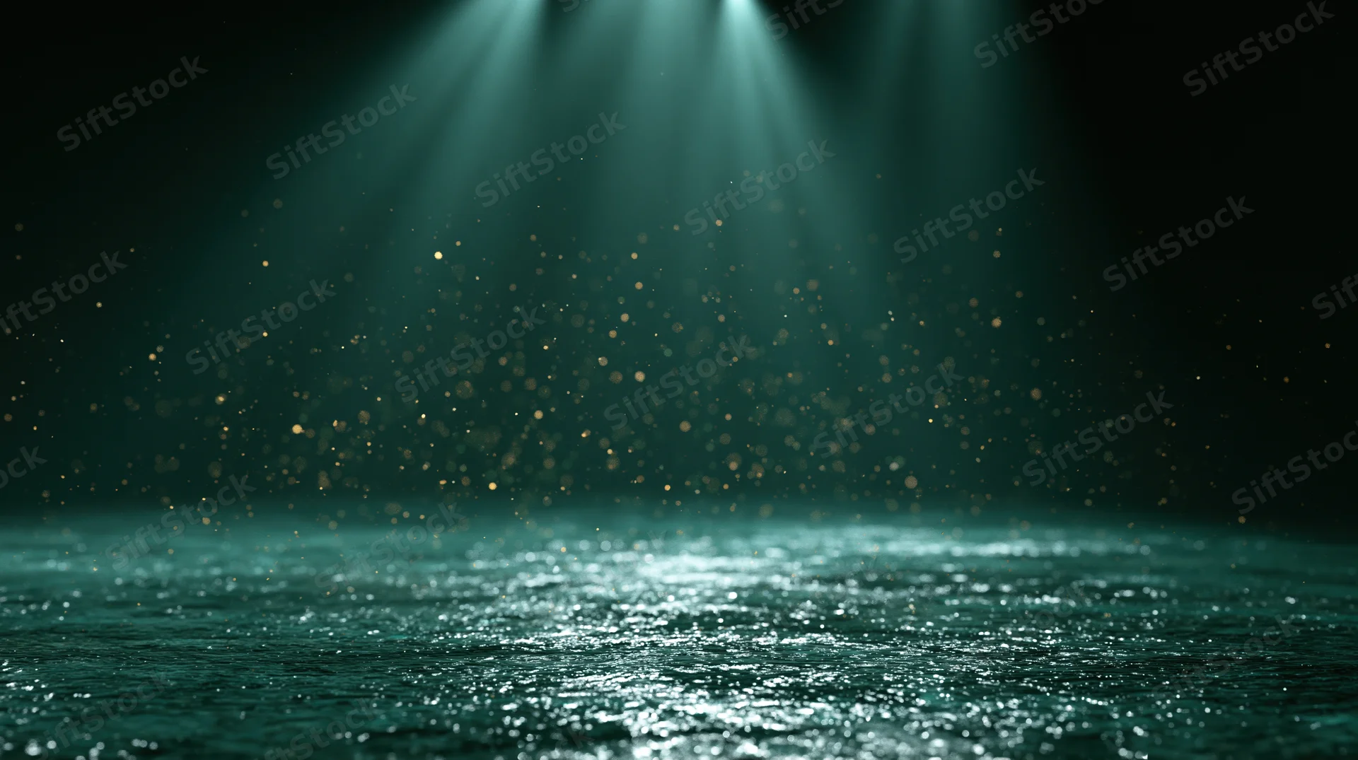Dark stage floor reflecting teal-green theatrical spotlights with floating particles