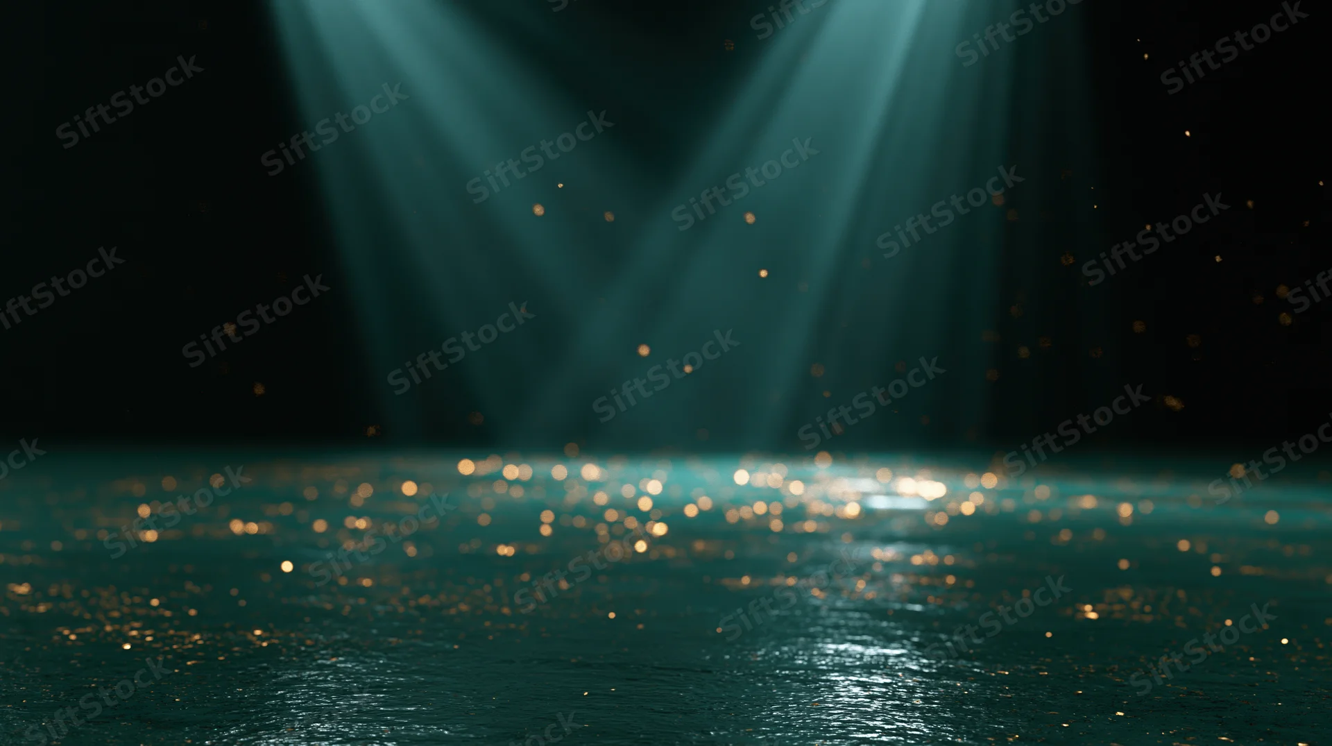 Dark stage floor reflecting teal-green theatrical spotlights with shimmering particles