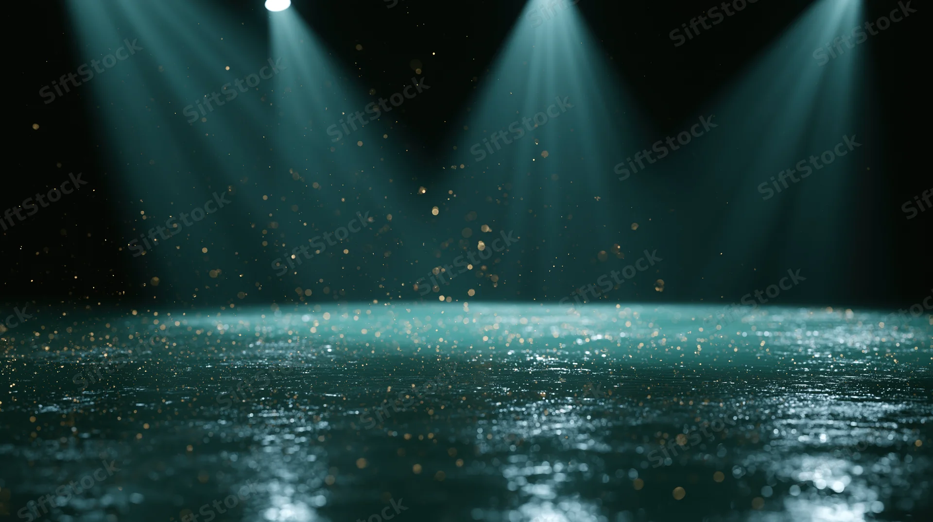 Dark stage floor reflecting teal-green theatrical spotlights with floating particles