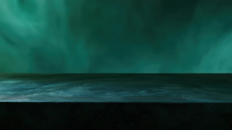 Dark matte concrete table surface in a smoky studio with green atmospheric lighting