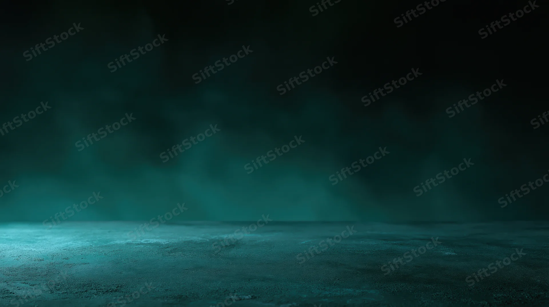 Dark studio table surface with matte concrete texture and teal smoke atmosphere