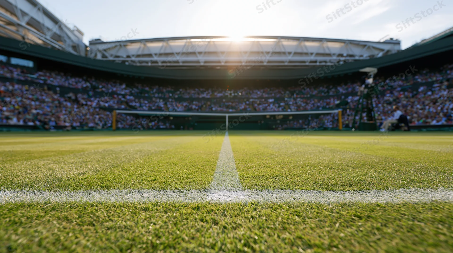 Grass tennis court with net and crowd in stadium under sunlight