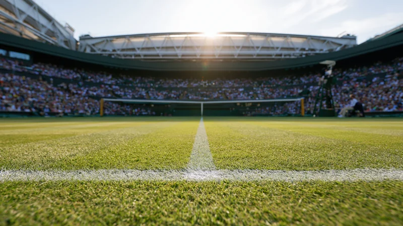 Grass tennis court with net and crowd in stadium under sunlight