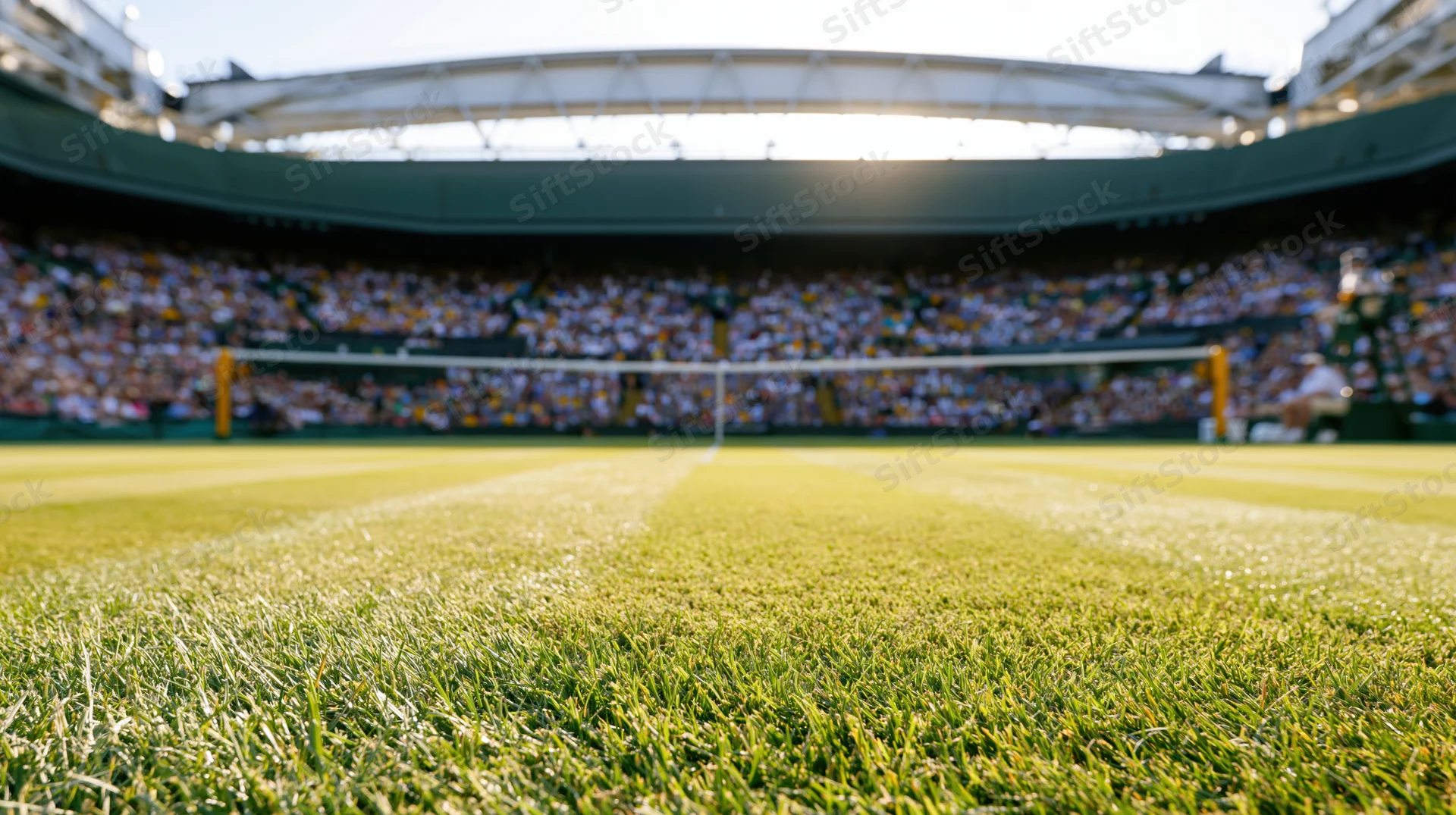 Grass tennis court with net and stadium seating in background