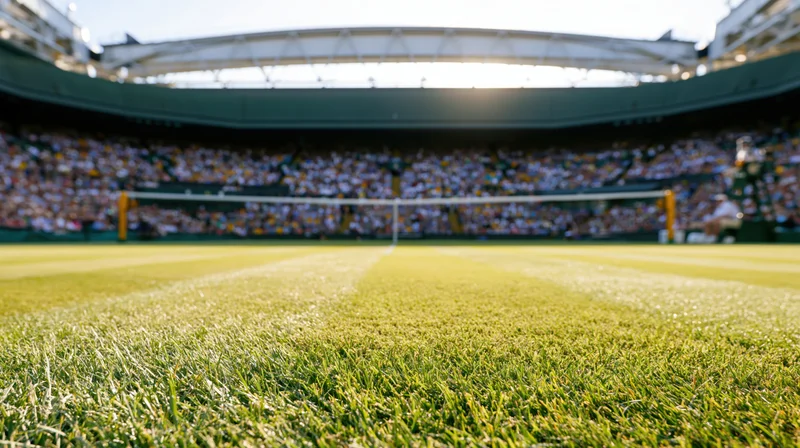 Grass tennis court with net and stadium seating in background