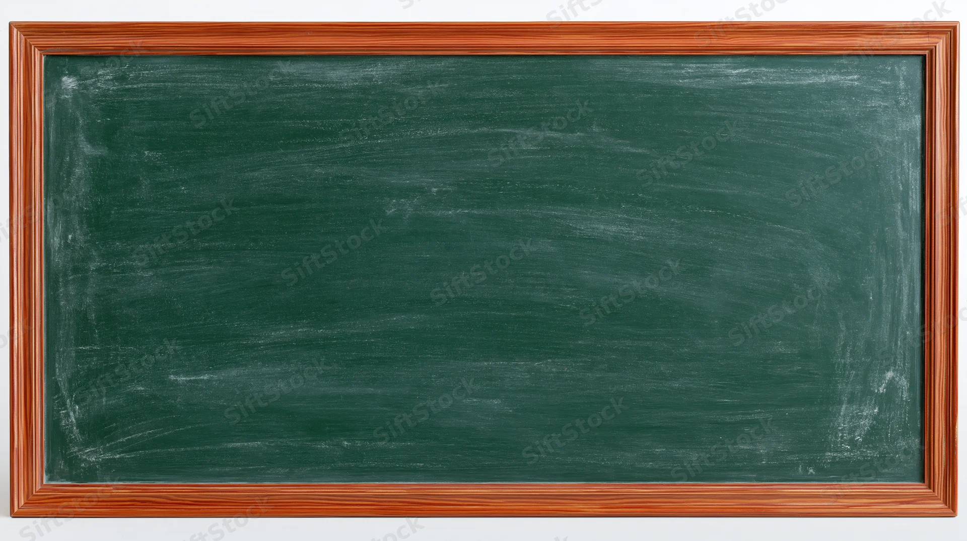 Empty green chalkboard with eraser smear marks framed in wood, showing white residue on dark surface, isolated against white background