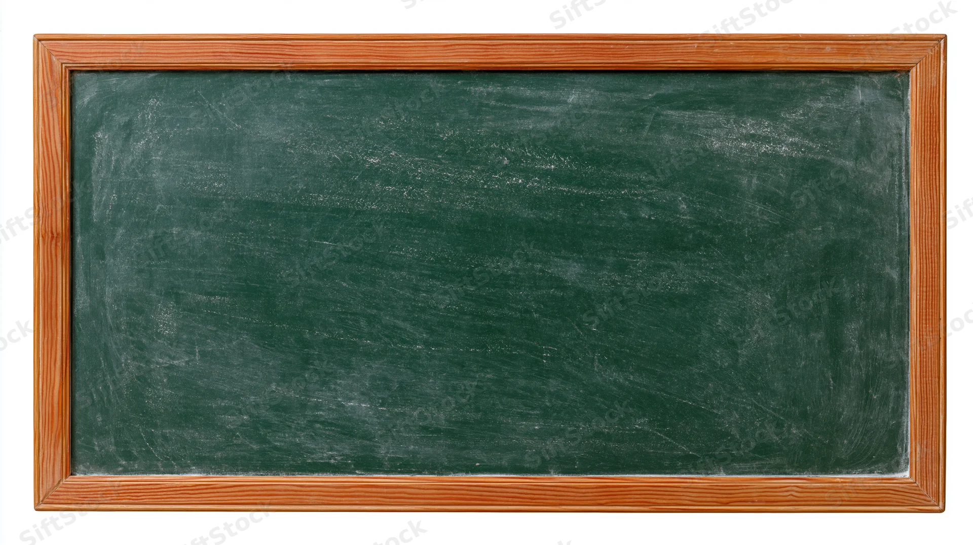 Empty green chalkboard with eraser smears in wooden frame on white background
