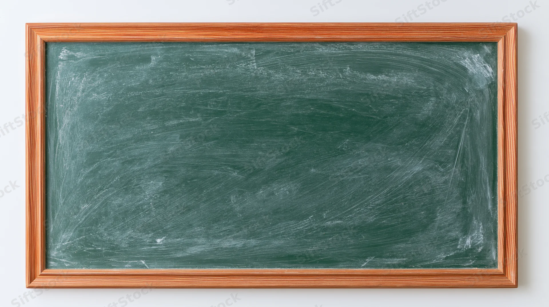 Green chalkboard with eraser smears in wooden frame mounted on white wall
