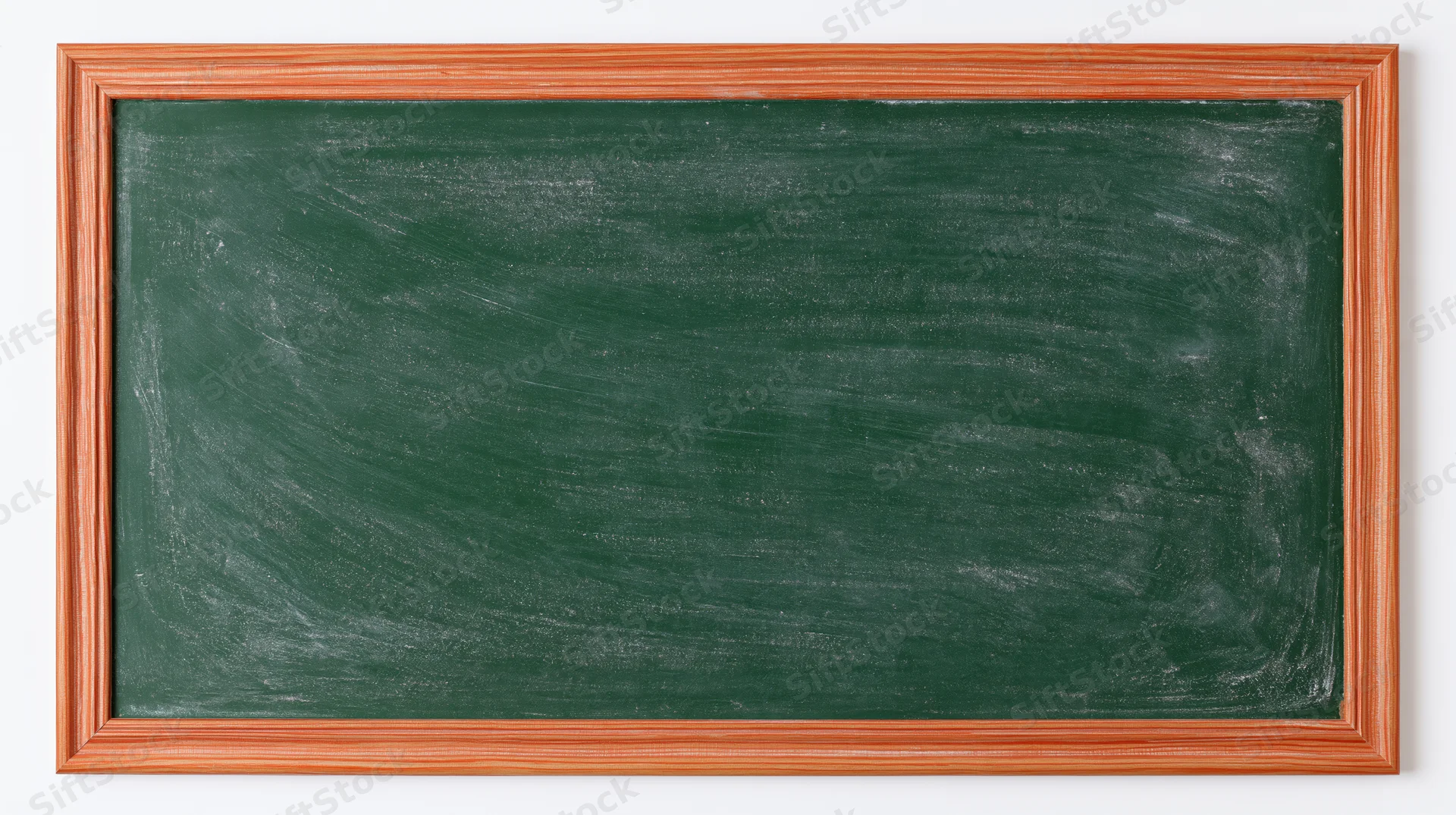 Empty green chalkboard with eraser smear marks in wooden frame on white background