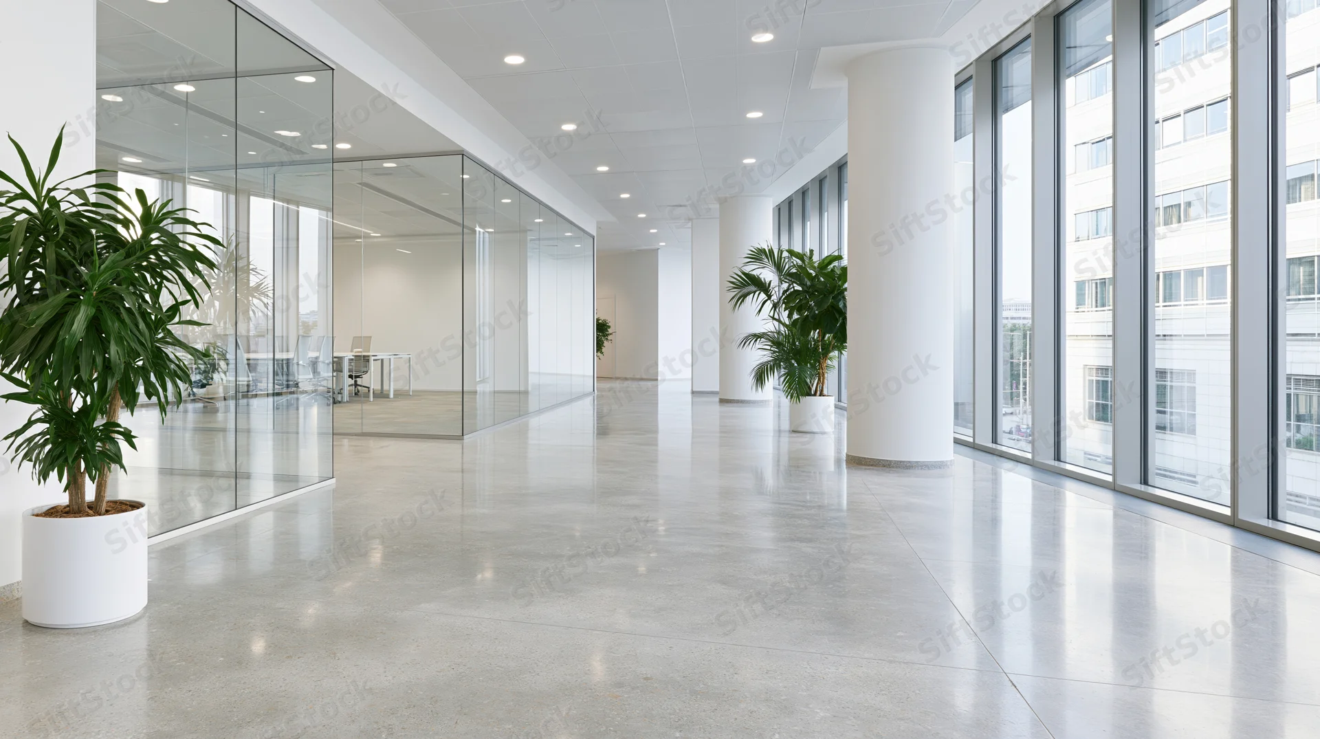 Empty modern office lobby with glass partition walls and potted plants along a polished concrete floor