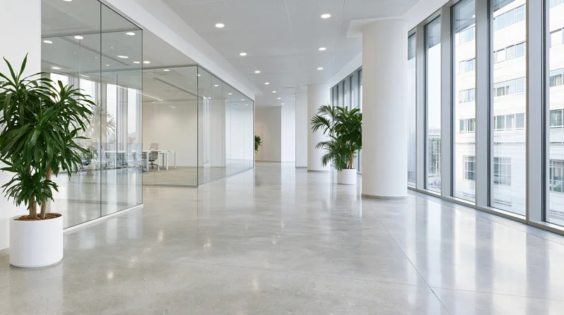 Empty modern office lobby with glass partition walls and potted plants along a polished concrete floor