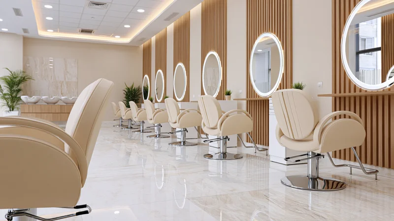 Row of cream-colored salon chairs with round mirrors along a marble floor in a modern hair salon interior